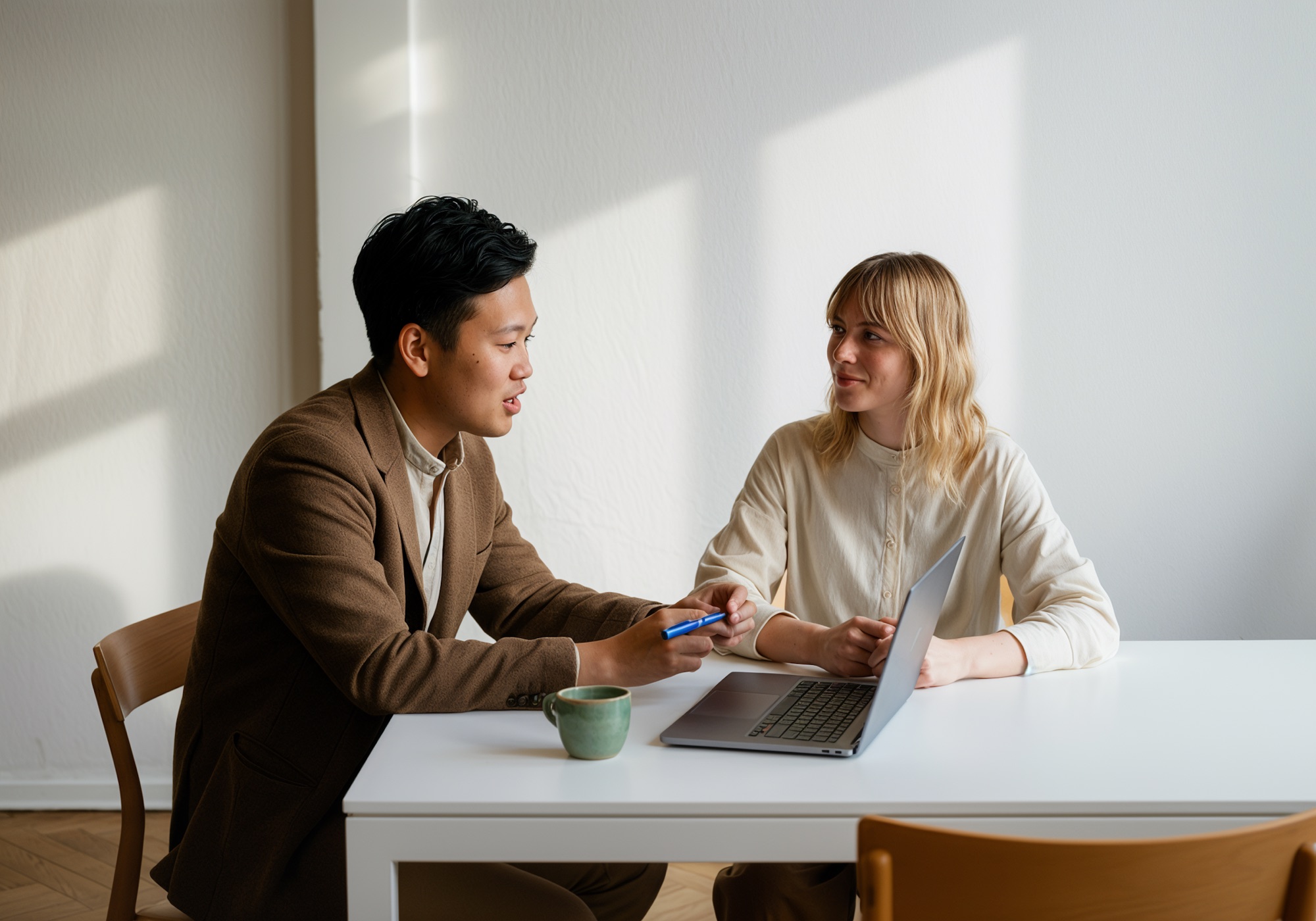 Two operators reviewing an e-commerce dashboard together at a laptop